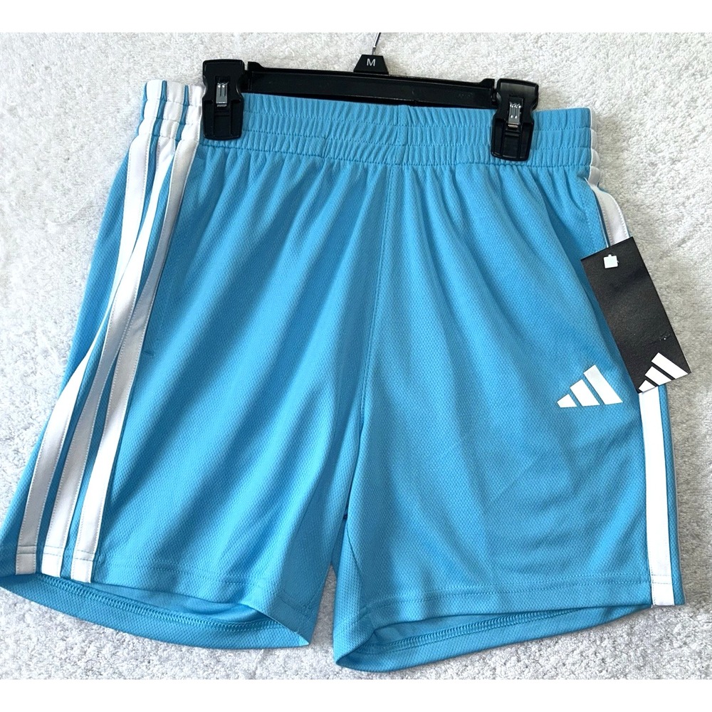 Adidas Boys Large (14/16) Bright Cyan 3 Stripe Essential Mid Thigh Shorts (R1)
